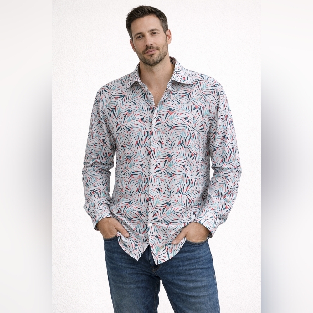 NWT Daniel Cremieux Leaf Pattern Casual Shirt - Pink, Green, White Sz Large (38)